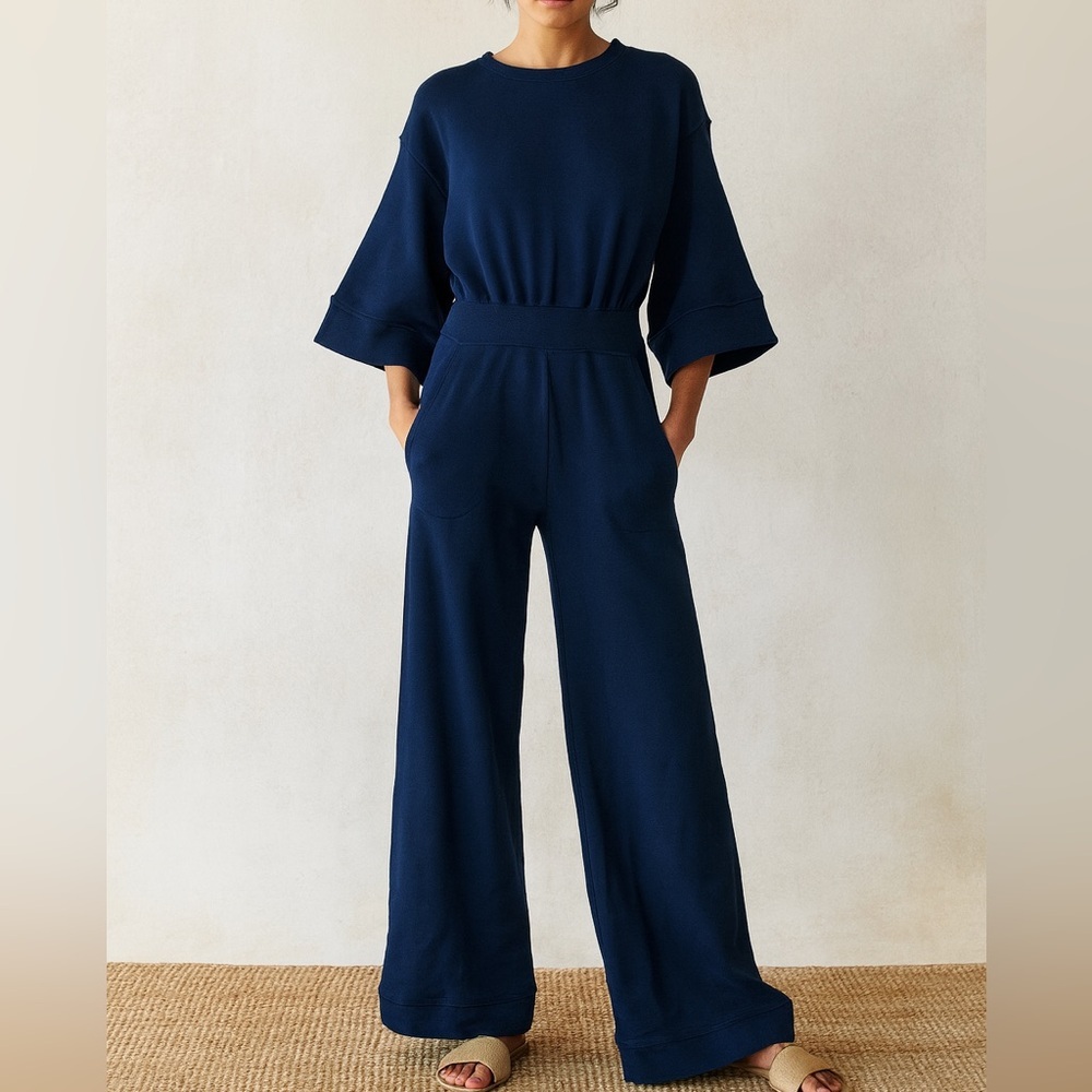 Warm NY Navy Blue Sweatshirt Jumpsuit Wide Leg Elastic Waist Loungewear Size XS